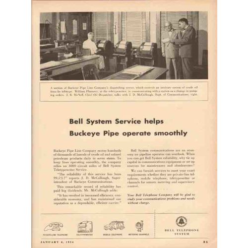 BELL TELEPHONE SYSTEM 1954 Buckeye Pipe Line Co dispatching vintage ad