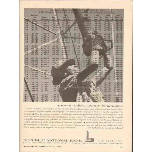 REPUBLIC NATIONAL BANK DALLAS 1962 money talks languages vintage ad