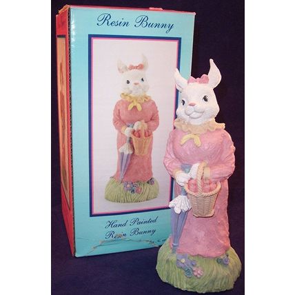 Heavy Resin Girl Female Bunny Rabbit in Pink Dress with Carrots Easter Figurine