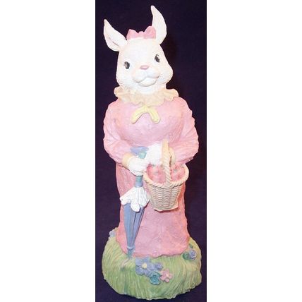 Heavy Resin Girl Female Bunny Rabbit in Pink Dress with Carrots Easter Figurine