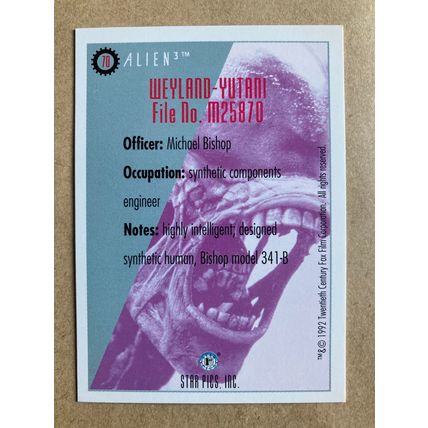 Alien3 Base trading card # 70 Michael Bishop (A) 1992 Star Pics Dark Horse