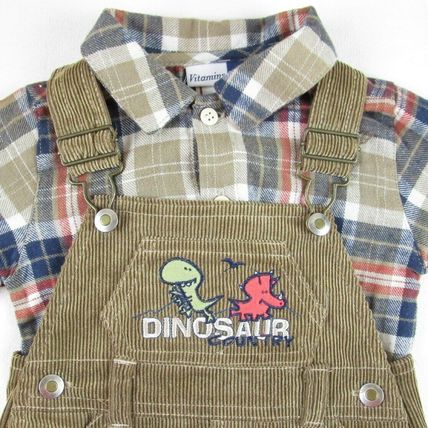 NWT Vitamins Kids Boy's Dinosaur Flannel Shirt + Corduroy Overalls Set, 6-9 Mos.