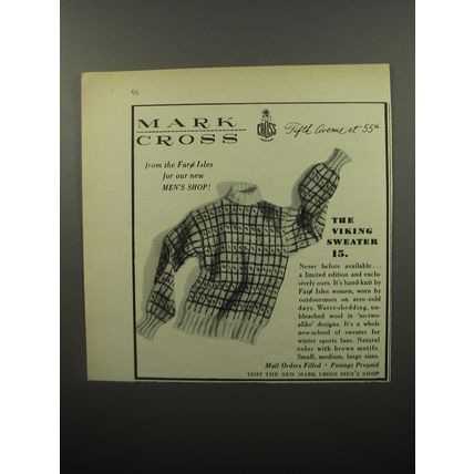 1950 Mark Cross Viking Sweater Ad - From the Faro Isles for our new Men's Shop