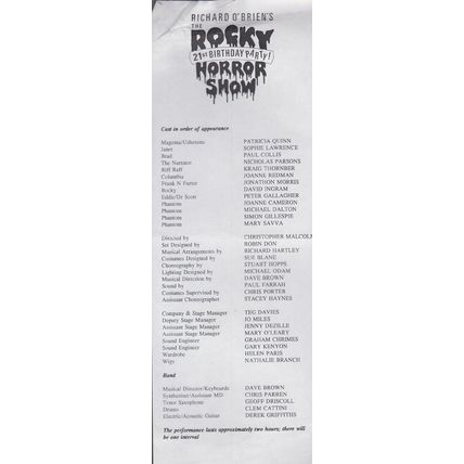 The Rocky Horror Show 21st Birthday Party Theatre Flyer