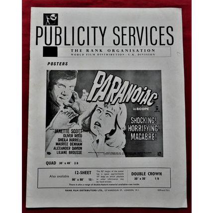 PARANOIAC (1963) vintage UK Pressbook ***Janette Scott, Oliver Reed***