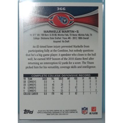 2012 Topps MARKELLE MARTIN (Tennessee Titans) Rookie card #366