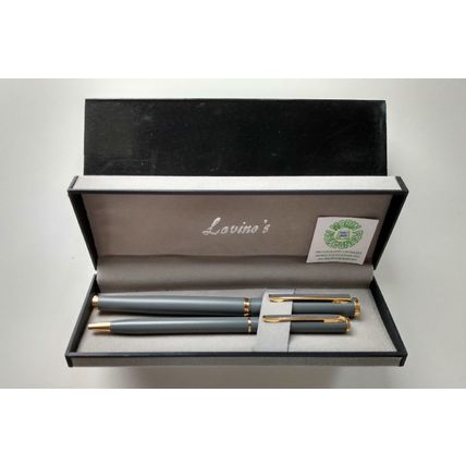 LAVINO'S GRAY AND GOLD PEN AND PENCIL SET IN GRAY FLOCKED BOX