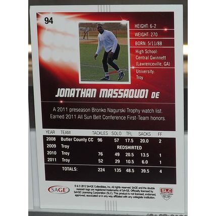 2012 SAGE Hit JONATHAN MASSAQUOI (Troy/Atlanta Falcons) Rookie card #94