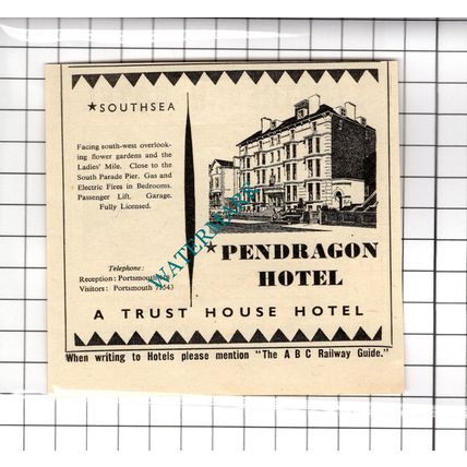 Strathearn Hotel Southsea / Pendragon Hotel Southsea Small Advert - 1958 Cutting