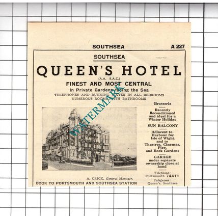 Queen's Hotel Southsea / The Solent Hotel Southsea S Grant Advert - 1958 Cutting