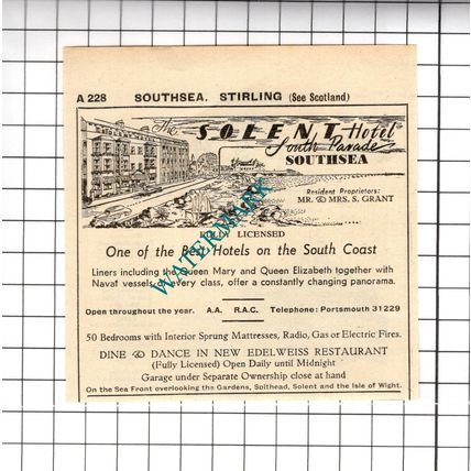 Queen's Hotel Southsea / The Solent Hotel Southsea S Grant Advert - 1958 Cutting