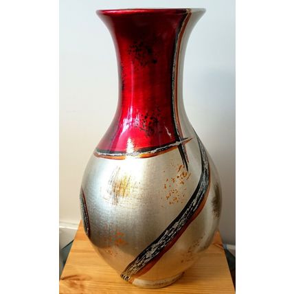 Beautiful Traditional Style Red and Silver Hand Painted Vase Flowers