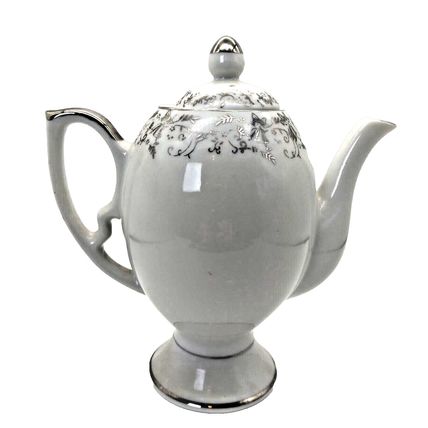 Vintage Tea Pot K-600 White Porcelain 25th Anniversary Floral Silver Trim Japan