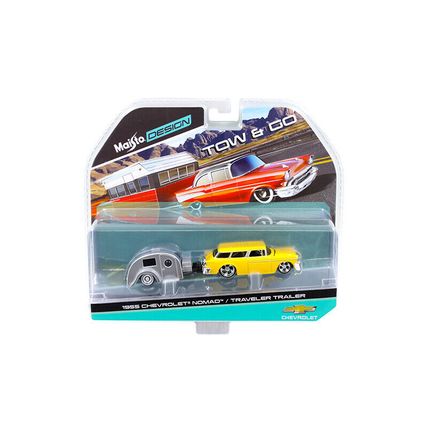 1955 Chevrolet Nomad with Traveler Trailer Yellow Tow & Go 1/64 Diecast Model...
