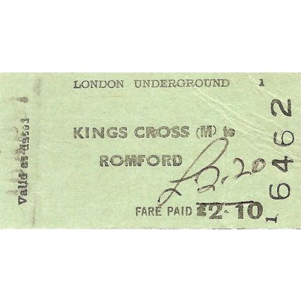 London Transport Edmondson Ticket - Kings Cross to Romford