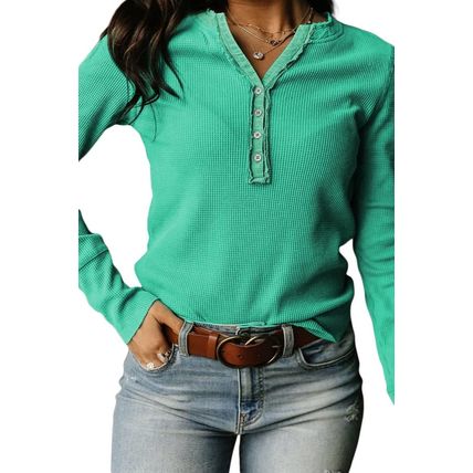 Green Trimmed Neckline Waffle Knit Henley Top