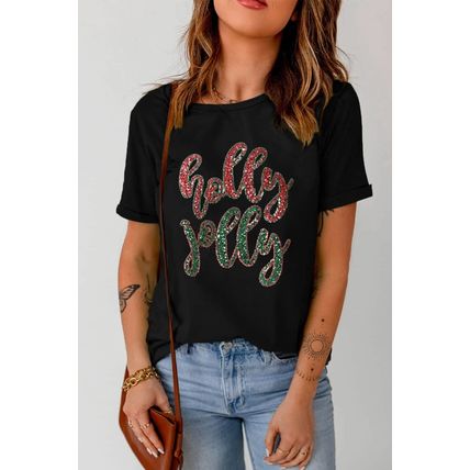 Black Christmas Sequined holly jolly Graphic Tee