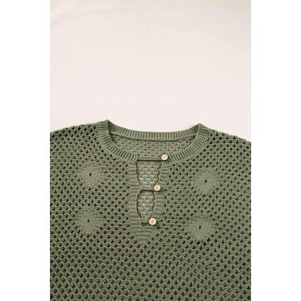 Vineyard Green Open Knit Buttoned Neck Split Sleeve Sweater