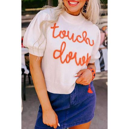 White Touchdown Tinsel Puff Short Sleeve Crew Neck Sweater