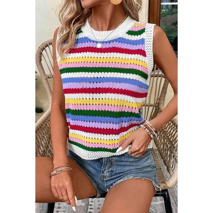 Multicolour Striped Knitted Eyelet Slim Sweater Vest