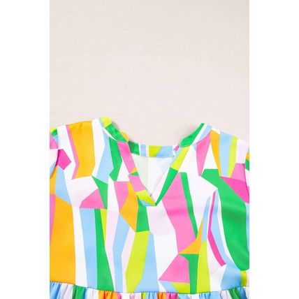 Green Abstract Print Ruffled Sleeve V Neck Dress