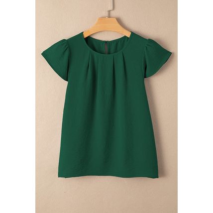 Blackish Green Flounce Sleeve Pleated Textured Blouse