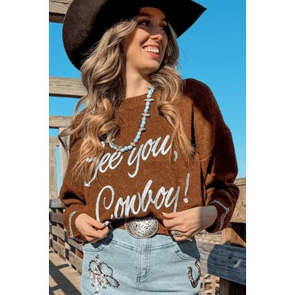 Coffee See You Cowboy Embroidered Western Graphic Sweater