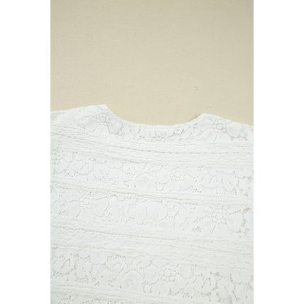 White Lace Crochet Round Neck Puff Sleeve Shift Mini Dress