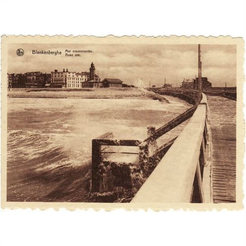 Sepia Postcard Pier Blankenberge Belgium Seaside Beach Stormy Sea Waves