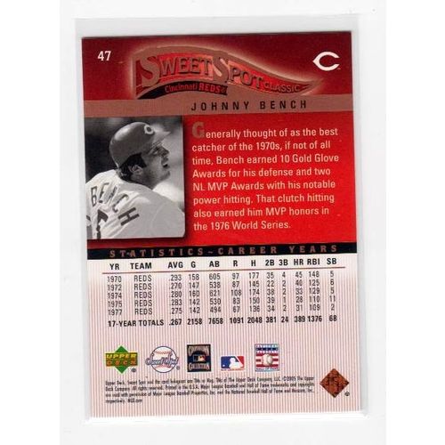2005 Upper Deck Sweet Spot Classic Johnny Bench card #47 – HOF Reds