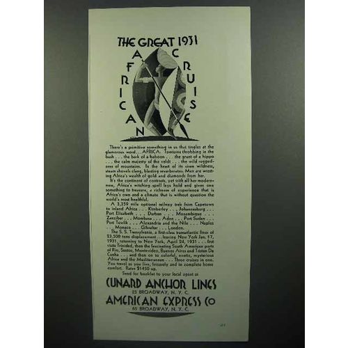 1930 Cunard Anchor Lines Cruise Ad - African