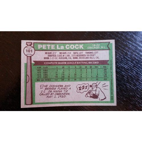 1976 Topps Card # 101 Pete La Cock Very Good-Excellent (4) Chicago Cubs