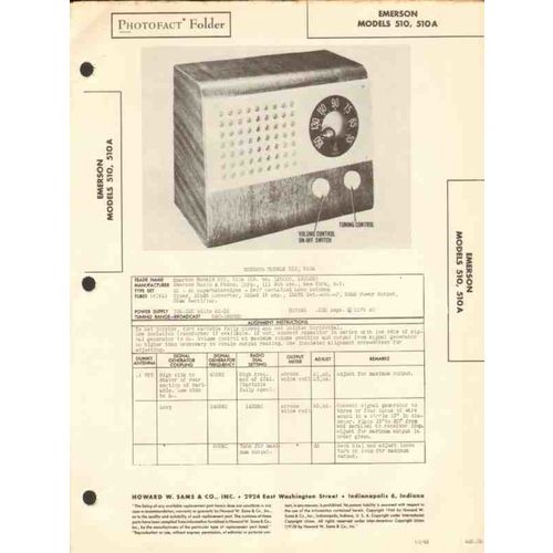 EMERSON model 510 510A 5 tube AM radio receiver Sams Photofact manual