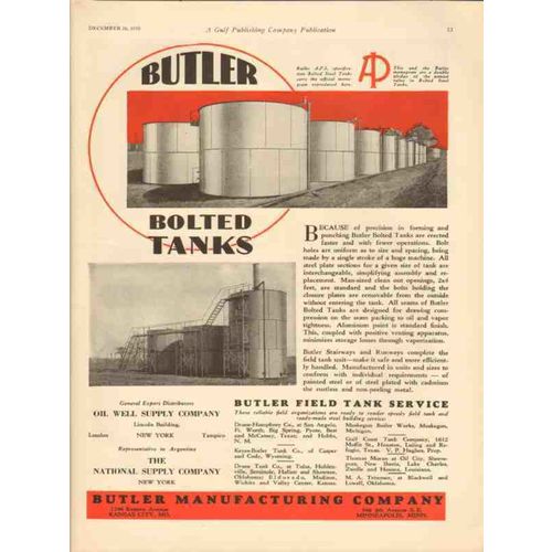 BUTLER MFG COMPANY 1930 API bolted tanks oil gas vintage ad