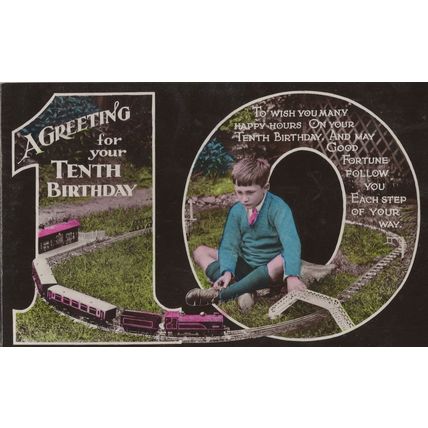 Vintage Toy Model Railway 10th Birthday Greetings RPC Old Postcard