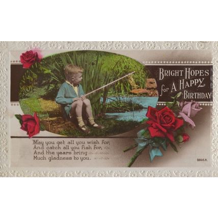 Child Boy Fishing Antique Birthday Greetings RPC Old Postcard