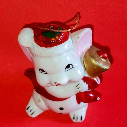 White Red 3" Mouse Figurine Holding a Goldtone Bell Christmas Ornament