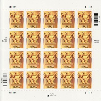 Art Deco Gold Eagle Sheet of Twenty 55 Cent Postage Stamps Scott 3471