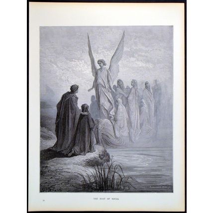 BOAT OF SOULS 1885 Gustave Doré ANTIQUE ENGRAVING
