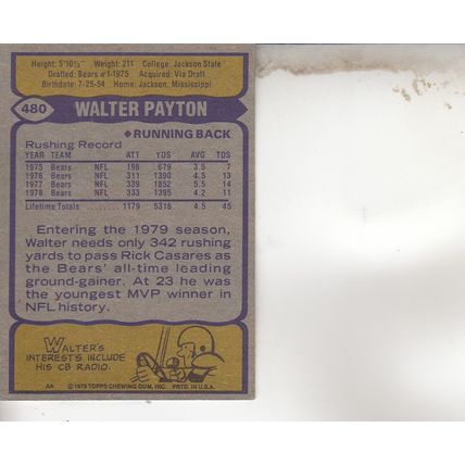WALTER PAYTON AUTOGRAPHED 1979 CHICAGO BEARS HOF SB CHAMPION MVP RUNNING BACK
