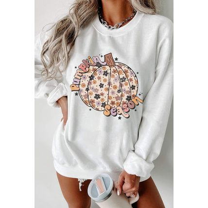 White Floral Pumpkin Season Graphic Loose Sweatshirt