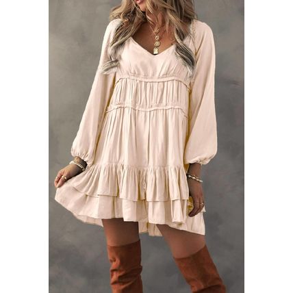 Apricot Tiered Ruffled Puff Sleeve Loose Fit Mini Dress