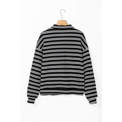 Black Stripe Textured Quarter Zip Collar Long Sleeve Top