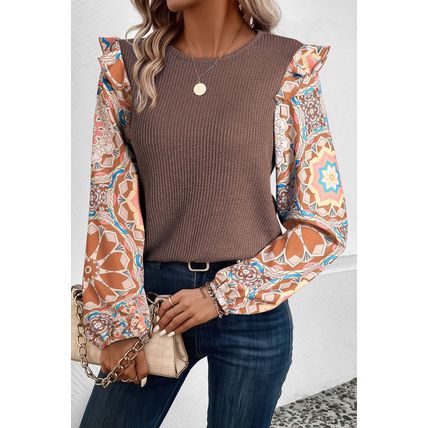 Coffee Ruffled Floral Sleeve Patchwork Waffle Knit O Neck Blouse
