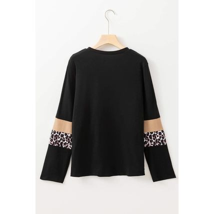 Khaki Leopard Colorblock Patchwork Crew Neck Long Sleeve Tee