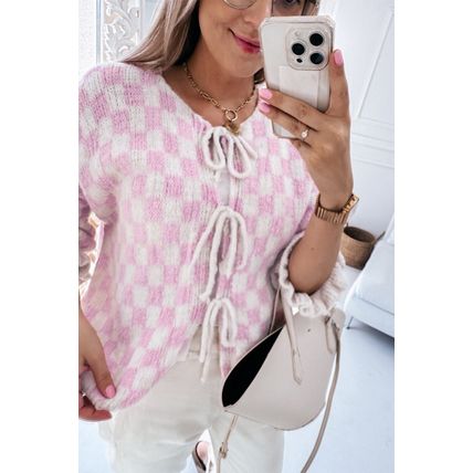 Light Pink Checkered Knitted Lace-up Ruffled 3/4 Sleeve Cardigan