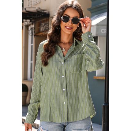 Green Stripe Button Up Oversized Casual Shirt