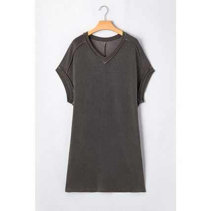 Carbon Grey Corded V Neck Plus Size T Shirt Dress with Pockets