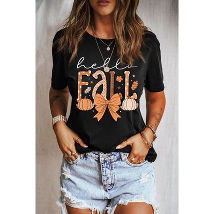 Black Hello Fall Thanksgiving Bow Pumpkin Graphic Tee