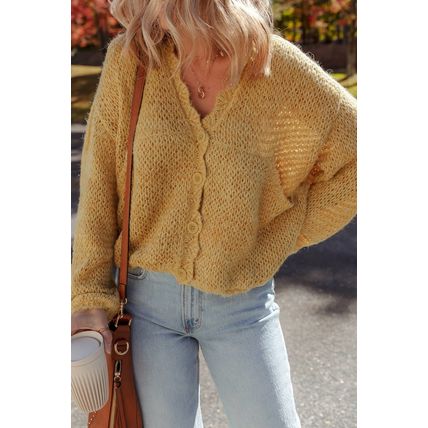 Light French Beige Lantern Sleeve Scallop V Neck Buttoned Front Cardigan